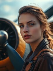 Vintage Aviator Woman Poses Confidently Beside a Classic Airplane, Embodying the Spirit of Aviation and Adventure From a Bygone Era Generative AI