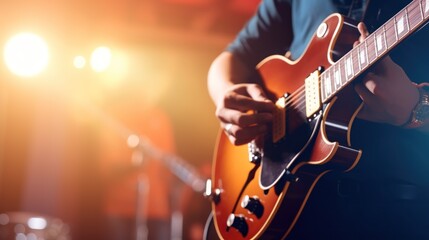 Obraz premium Closeup guitarist performance on stage with warm light blurry background