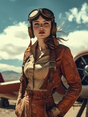 Vintage Aviator Woman Embodies Daring Spirit of Aviation in a Stunning Desert Landscape Under a Bright Blue Sky Generative AI