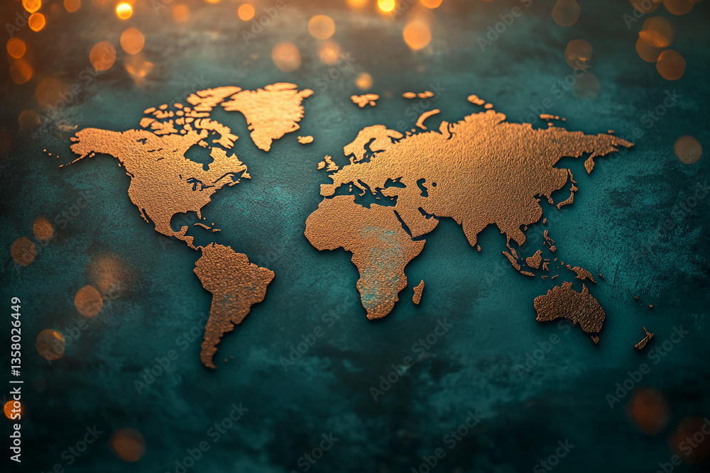 Poster Embossed copper world map on teal textured background, bokeh lights in soft focus, representing global connectivity, travel, exploration, or international business