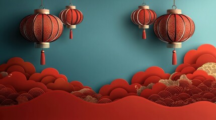 Red paper lanterns hang above layered red clouds, creating a festive Asian-inspired scene