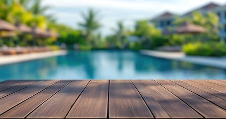 Gros plan d'un plateau de table en bois avec un arrière-plan flou représentant une piscine et un complexe hôtelier en été, un concept de vacances tropicales.