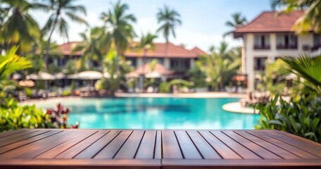 Un plateau de table en bois avec un arrière-plan flou représentant une piscine et un complexe hôtelier en été, un concept de vacances tropicales.