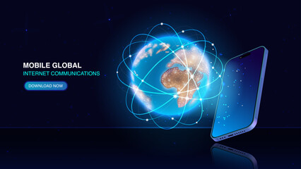 Mobile Global Internet Communications: Connect Worldwide with Fast Wireless Networks and Satellite Technology on Smartphones, with Hologram Planet Earth and Light Connection Structure Effects. Vector.