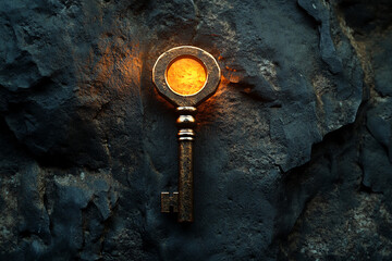 Glowing antique key on dark stone background, suggesting mystery, secrets, and hidden potential, ideal for fantasy or adventure themes