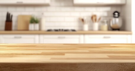 Une cuisine avec un arrière-plan flou de mobilier et d'ustensiles et un plan de travail en bois, vide, au premier plan.