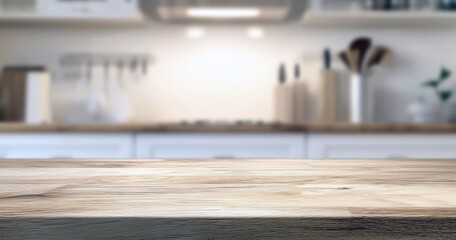 Une cuisine avec un arrière-plan flou de mobilier et d'ustensiles et un plan de travail en bois, vide, au premier plan.