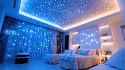 Cozy bedroom with starry ceiling lights and modern decor