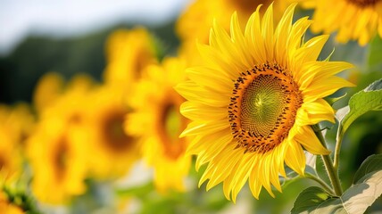 Fototapeta premium Close-up of vibrant yellow sunflowers in full bloom with blurred background