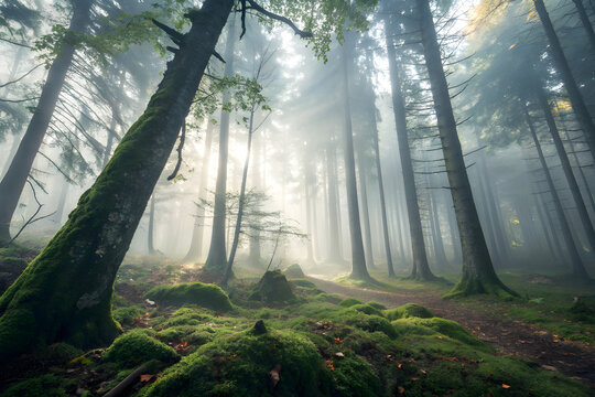 A serene forest scene with a dense canopy of tall evergreens, moss-covered rocks, and fallen leaves on the ground. The vibrant green moss creates a soft texture, adding tranquility to the peaceful woo