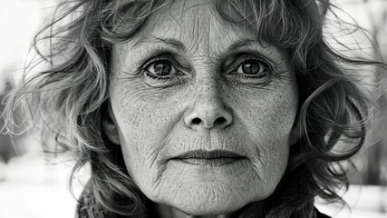 Portrait of an elderly woman with striking features and deep-set eyes showcasing wisdom and experience in natural light