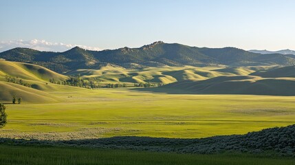 Fototapeta premium Rolling Green Hills Meet Majestic Mountain Range