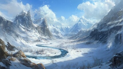 A Serene Winter River Valley Nestled Among Majestic Snow Capped Mountains