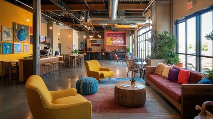 Modern Lounge Area with Yellow Armchairs and Red Couch