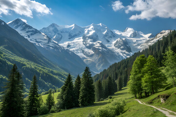 Fototapeta premium A serene snowy mountain landscape with majestic snow-capped peaks partially veiled by clouds, and a snow-covered hillside in the foreground dotted with evergreen trees in a tranquil winter setting
