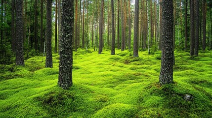 Fototapeta premium Lush Green Mossy Forest Floor Under Tall Trees