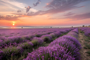 Obraz premium A breathtaking lavender field in full bloom stretches to the horizon under a vibrant sunset sky, with rows of purple flowers, a winding dirt path, and distant hills bathed in warm golden light