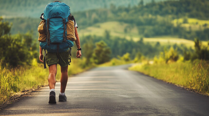 Fototapeta premium European man hiking backpacking