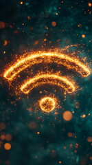 Glowing orange Wifi symbol formed by sparks against a dark teal background with bokeh effect, symbolizing connection, technology, and digital network