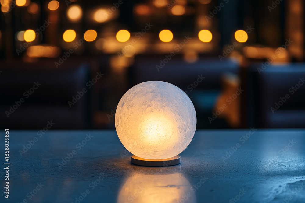 Poster illuminated spherical lamp on a dark surface, warm light emanating, blurred background with bokeh li