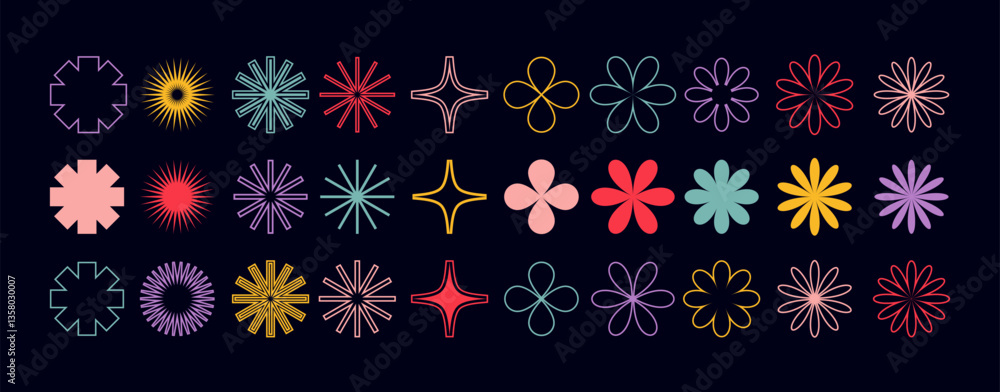 Poster Vector Simple Flower Icons. Shapes. Abstract Modern Graphic Elements. A Set of Retro Simple Flat Forms on a Black Background. Geometric Flowers and Stars Stickers. Minimal Circle Symbols