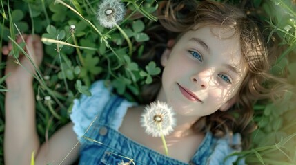 Fototapeta premium Girl Laying in Grass with Dandelions
