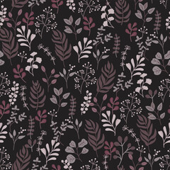 Fototapeta premium Botanical seamless pattern with various twigs on dark background. Decorative print with different shapes leaves. Floral texture with cartoon objects. Vector design for textile, wallpaper, cover.