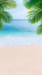 Idyllic beach scene with palm fronds framing turquoise ocean waves and soft sand