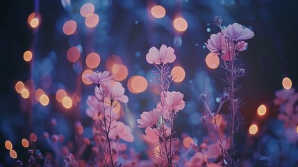 Dreamy Cosmos Flowers With Bokeh Lights: Ethereal Floral Background