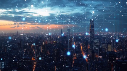 Obraz premium Nighttime Cityscape with Abstract Network Connections