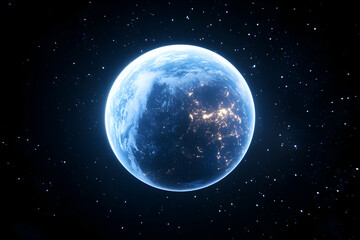 Obraz premium Illuminated Earth in space, showcasing city lights and starry backdrop