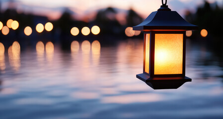 Lantern glowing by serene lake at dusk, reflecting tranquility