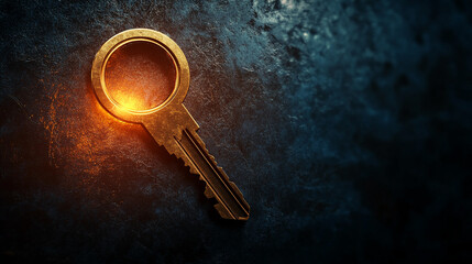 Golden key on dark textured background, glowing softly. Represents access, opportunity, solution, or success, ideal for business or motivational concepts