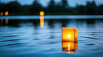 Floating lantern on calm water at dusk creates serene and peaceful ambiance