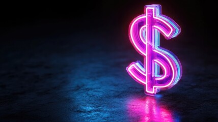 Neon dollar sign glowing on dark surface