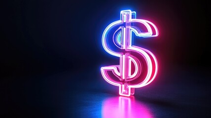 Neon dollar sign in pink and blue lighting on dark background
