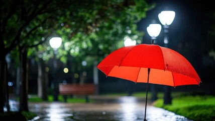 Red umbrella in rainy night park with streetlights