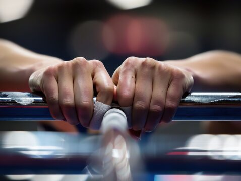 Gymnast's white-knuckled hands grip gleaming parallel bars, her focus unwavering under the bright gym lights.
