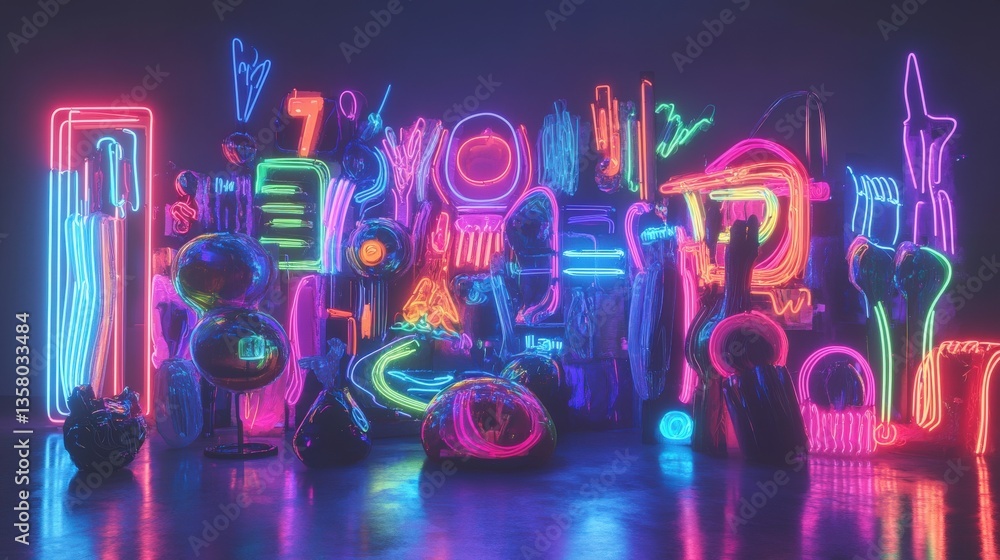 Poster a brightly lit collection of neon objects with dark backdrop