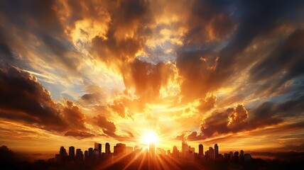 Dramatic sunrise over city skyline with vibrant clouds
