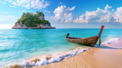Fototapeta premium A boat is sitting on the beach next to the ocean. The sky is cloudy and the water is blue