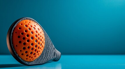 Orange and grey perforated paddle rests on teal surface