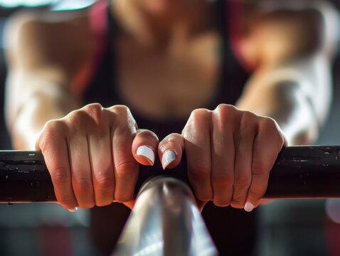 Gymnast's white-knuckled hands grip parallel bars, gleaming under bright lights, strength and focus in her hold.