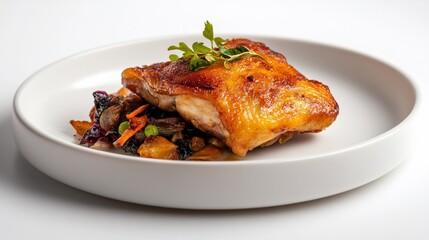 Exquisite Roasted Chicken Garnished Elegantly on a Bed of Vegetables