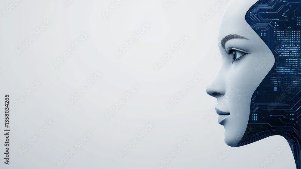 Poster futuristic human-like robot profile with digital circuit design and soft expression, perfect for tec