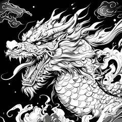  Fierce Dragon with Flowing Scales and Fire-Breathing Motion in Bold Line Art Vector Style