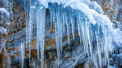 Ice Stalactites Forming on Rocky Cliffs in a Winter Landscape  