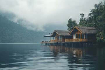 Obraz premium Floating Bungalows with Thatched Roofs on a Calm Lake on a Misty Day