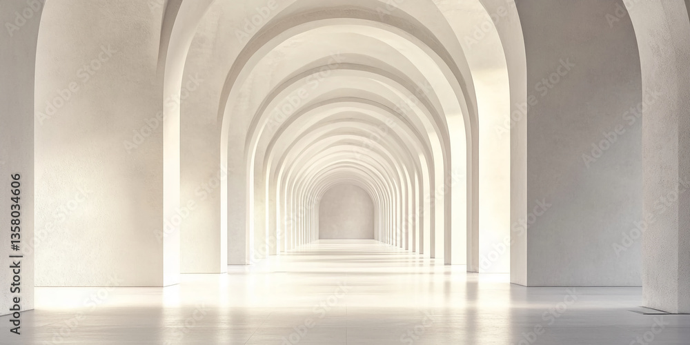 Poster long corridor with white arches, creating a bright, spacious and serene atmosphere, showcasing minim