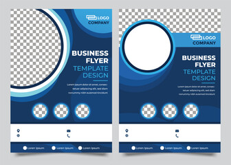 Business flyer layout template in A4 size. Modern Brochure template cover design, annual report, poster with blue wavy lines for business promotion